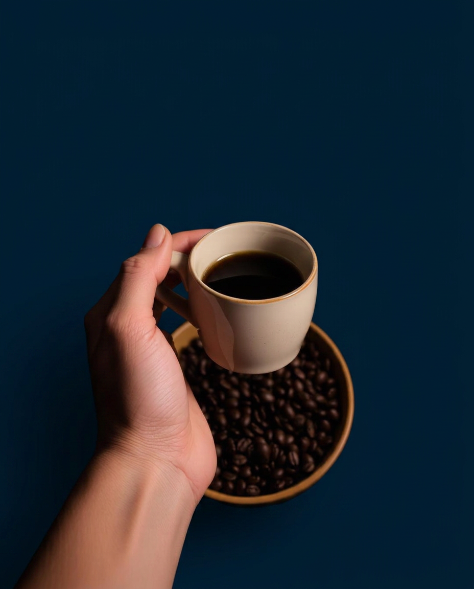 Mãos a segurar uma chávena de café sobre grãos de café