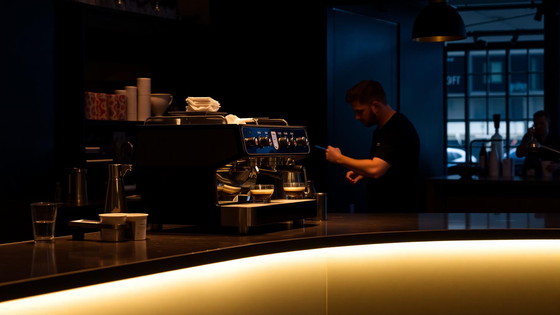 Máquina de café profissional num balcão